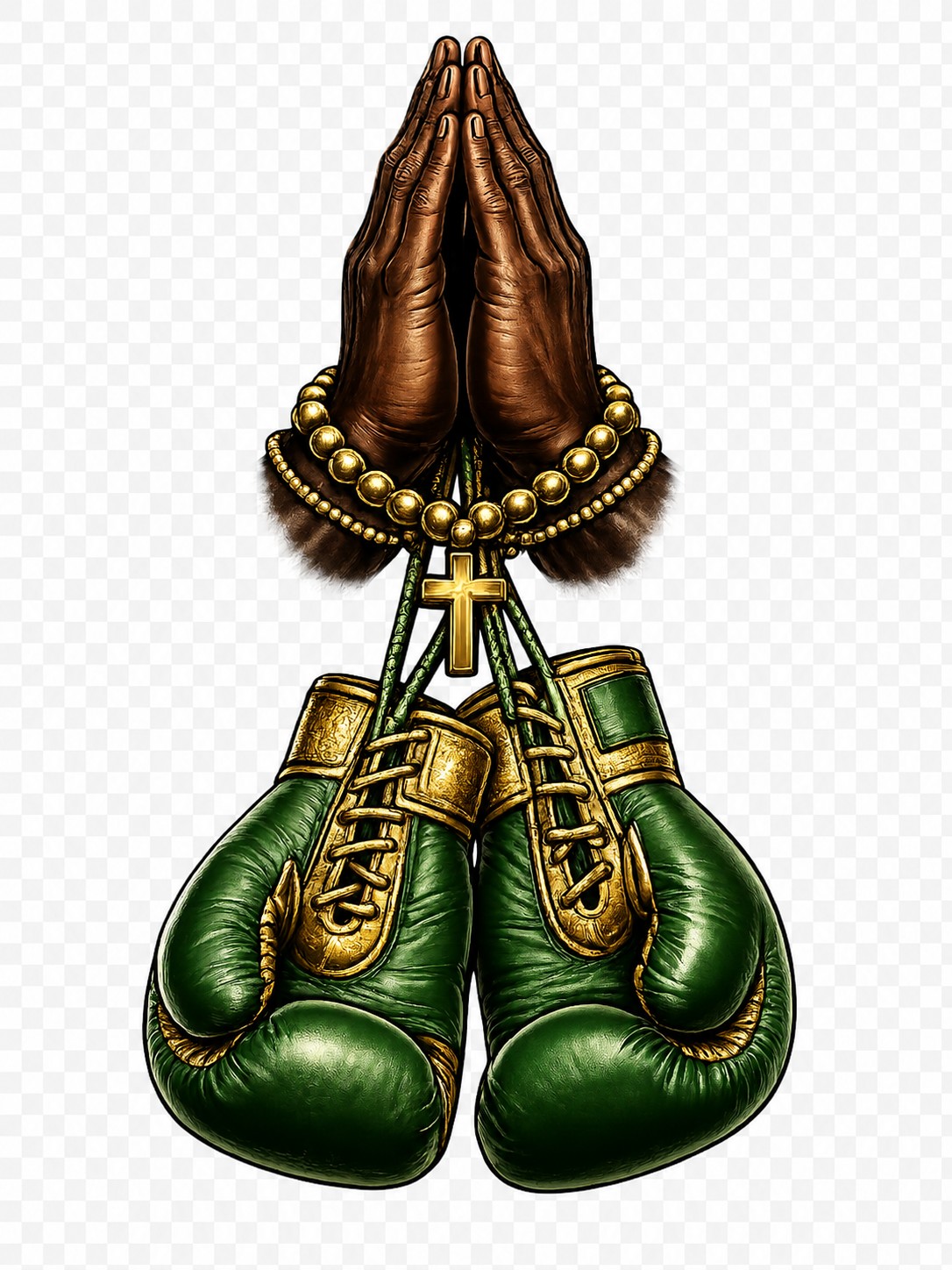 Praying hands with cross and green boxing gloves, symbolizing prayer and spiritual strength